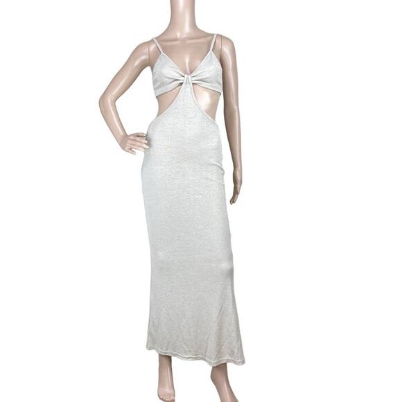 New Women Beige Knitted Cutout Backless Spaghetti Strap Bodycon Maxi Dress S - Picture 1 of 8